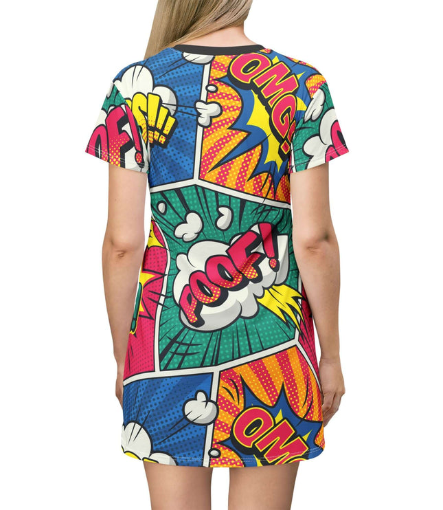 Colorful comic-style dress with 'POOF!' and 'OMG!' text on a white background