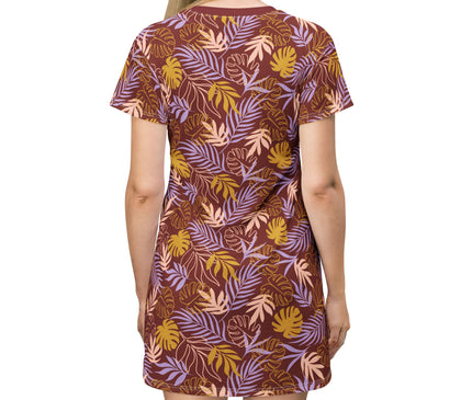 Maroon Tropical Leaf Print Women's Tee Dress