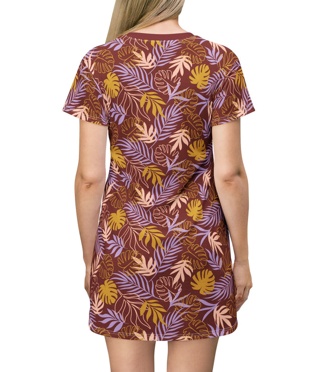Maroon Tropical Leaf Print Women's Tee Dress