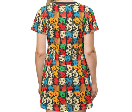 Back view of a Retro Pop Art Faces Grid Women's Tee Dress featuring vibrant colors and a playful design.