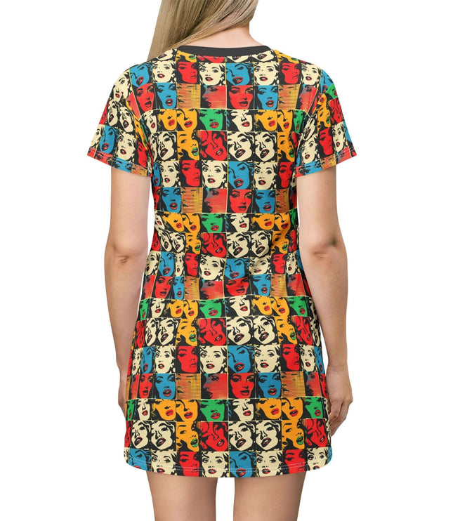 Back view of a Retro Pop Art Faces Grid Women's Tee Dress featuring vibrant colors and a playful design.