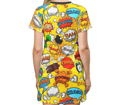 Rocket Boom Women's Tee Dress featuring vibrant popart graphics on a light fabric, perfect for retro fashion enthusiasts.