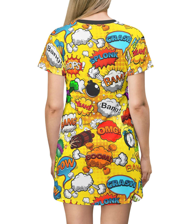 Rocket Boom Women's Tee Dress featuring vibrant popart graphics on a light fabric, perfect for retro fashion enthusiasts.