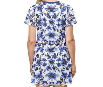 Blue Floral Print Women's Tee Dress