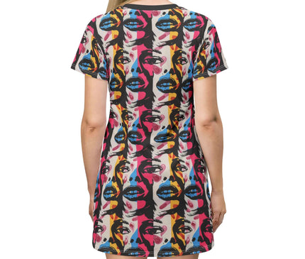 Vibrant abstract pop art face women's tee dress featuring bold colors in a retro design, perfect for casual wear.