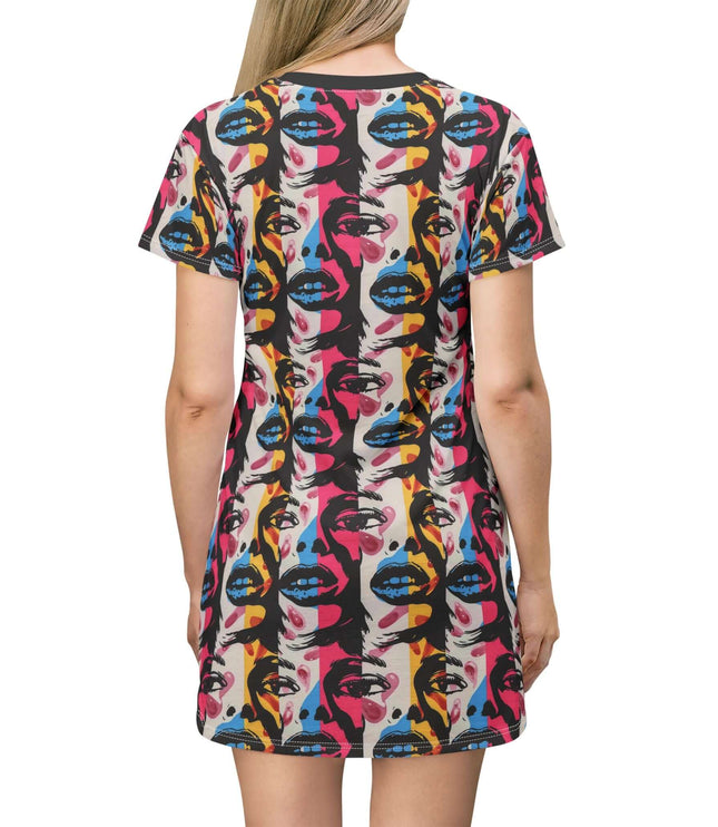 Vibrant abstract pop art face women's tee dress featuring bold colors in a retro design, perfect for casual wear.