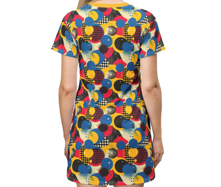 Women's Retro Pop Art Bubble Tee Dress featuring colorful graphic design and light fabric, perfect for casual wear.