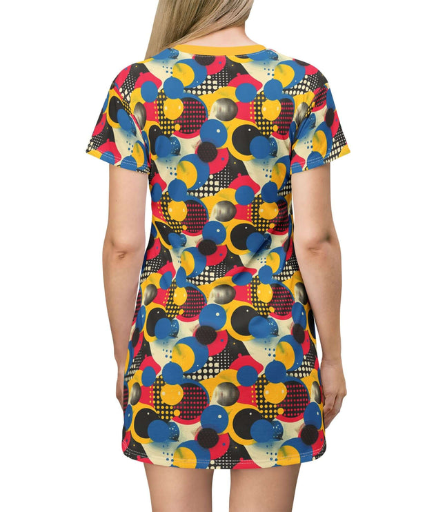 Women's Retro Pop Art Bubble Tee Dress featuring colorful graphic design and light fabric, perfect for casual wear.
