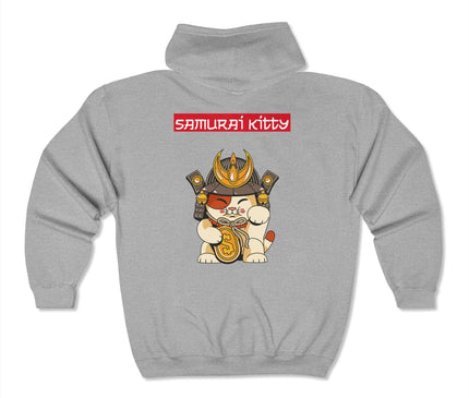 Samurai Kitty graphic hoodie in gray, showcasing adorable design and streetwear style on the back.