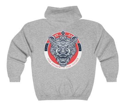 Classic zip hoodie featuring a graphic design of a bear head, perfect for streetwear style.