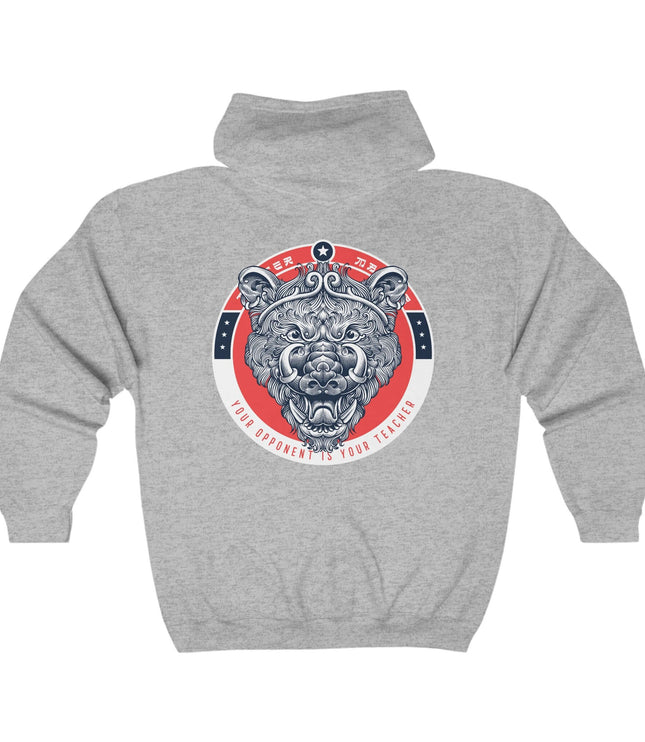Classic zip hoodie featuring a graphic design of a bear head, perfect for streetwear style.