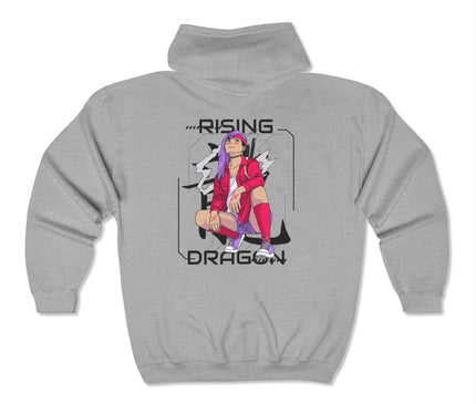 Rising Dragon Classic Zip Hoodie, graphic hoodie in grey, ideal for streetwear fashion, featuring vibrant art design.