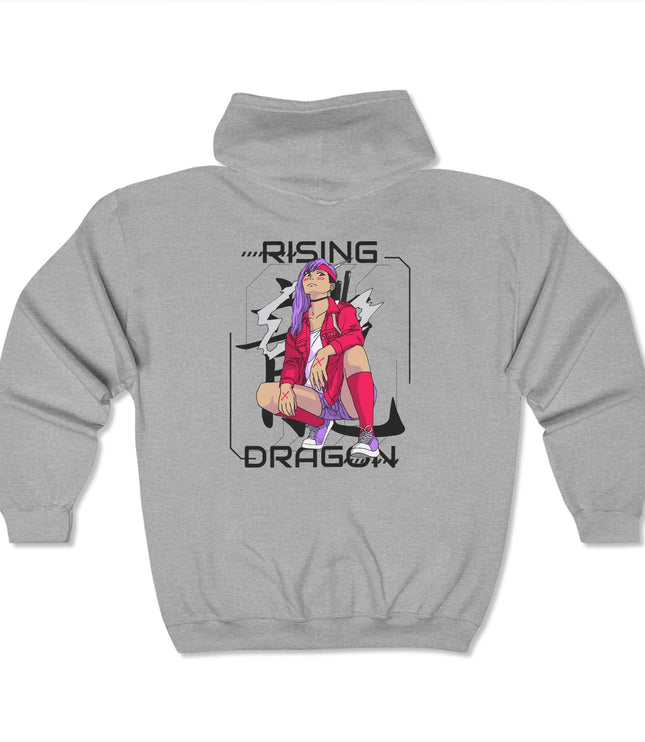 Rising Dragon Classic Zip Hoodie, graphic hoodie in grey, ideal for streetwear fashion, featuring vibrant art design.
