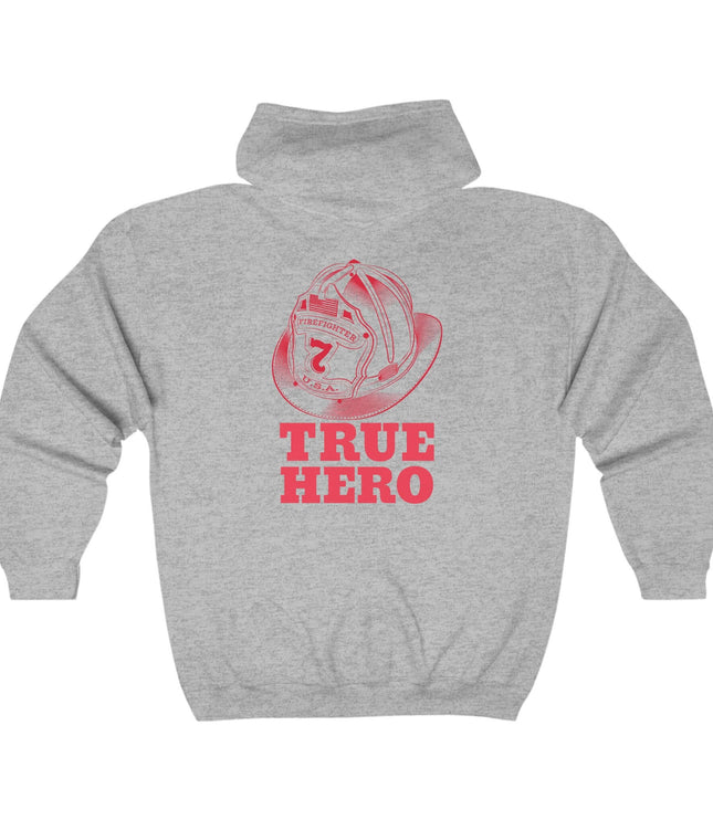 True Hero Classic Zip Hoodie in grey featuring a graphic design, perfect for streetwear style.