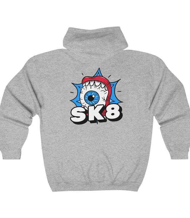 Sk8 Classic Zip Hoodie in gray featuring bold eye graphic, ideal for streetwear enthusiasts and casual style.