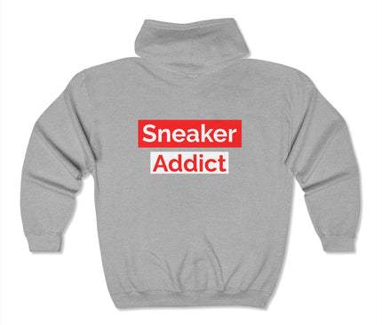 Back view of Sneaker Addict classic zip hoodie in gray with bold red graphic text for streetwear enthusiasts.