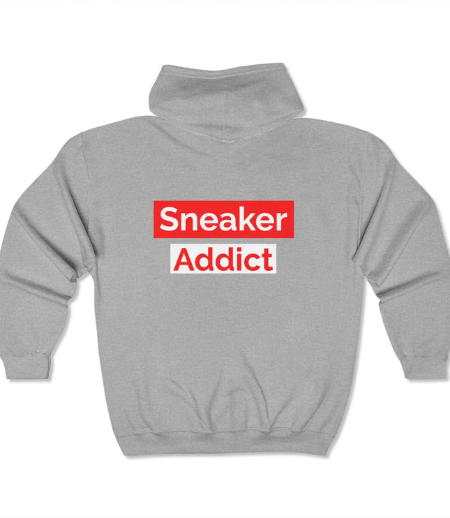 Back view of Sneaker Addict classic zip hoodie in gray with bold red graphic text for streetwear enthusiasts.