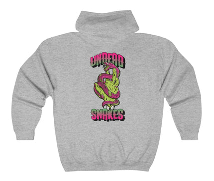 Undead Snakes graphic hoodie in gray, featuring vibrant green and pink design, perfect for streetwear style.