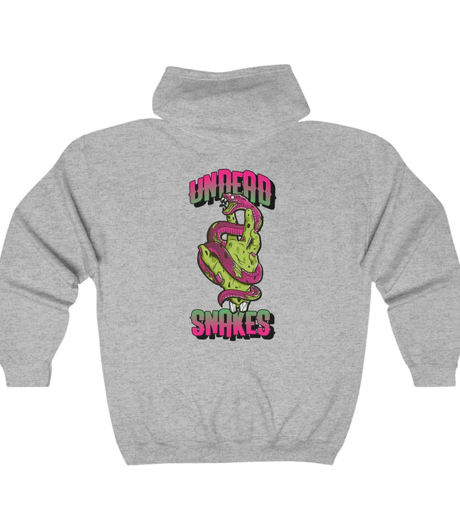 Undead Snakes graphic hoodie in gray, featuring vibrant green and pink design, perfect for streetwear style.