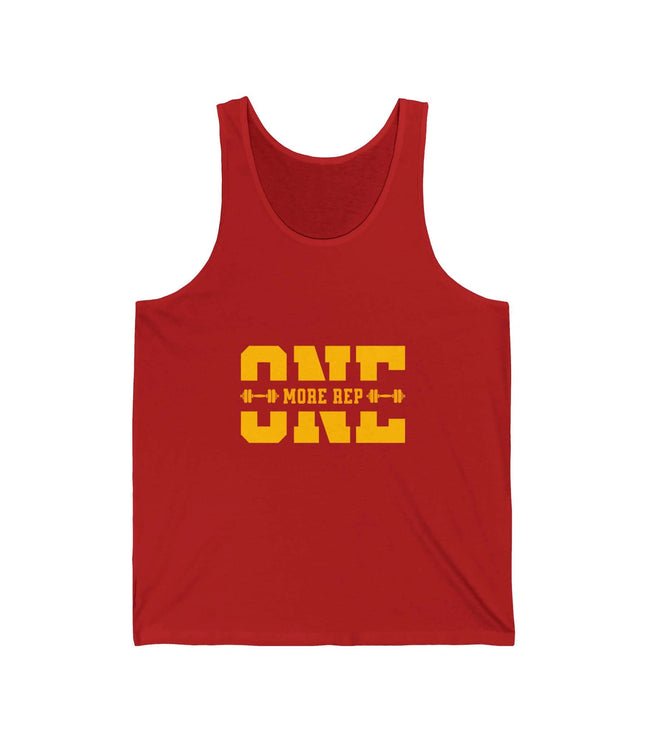 Red jersey tank top with "ONE MORE REP" print, ideal for gym and fitness enthusiasts.