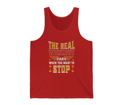 The Real Workout Jersey Tank in red featuring motivational text about workouts, perfect for fitness enthusiasts.