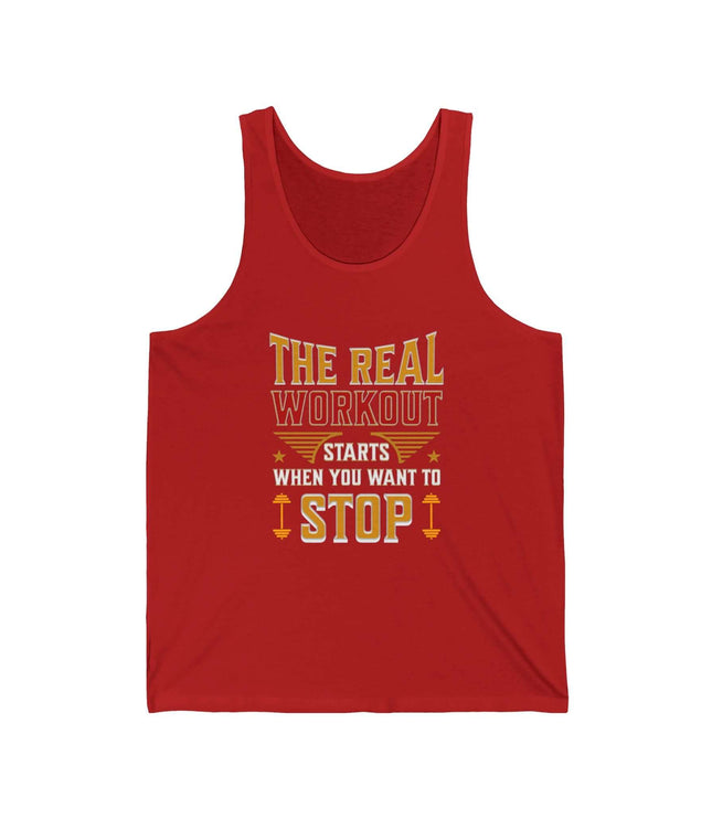 The Real Workout Jersey Tank in red featuring motivational text about workouts, perfect for fitness enthusiasts.