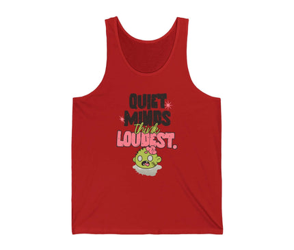 Red jersey tank top with 'Quiet Minds Think Loudest' text and cute character design.