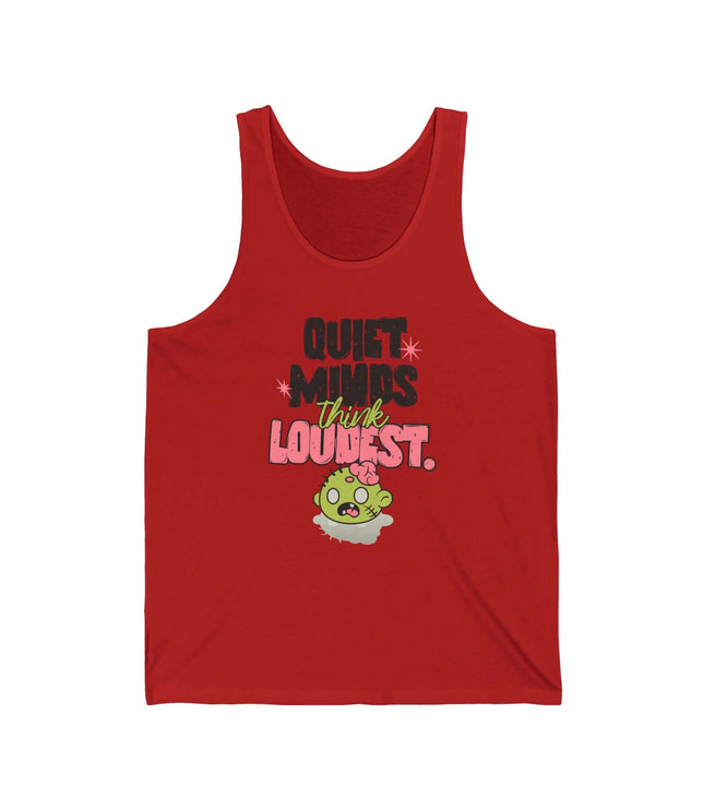 Red jersey tank top with 'Quiet Minds Think Loudest' text and cute character design.