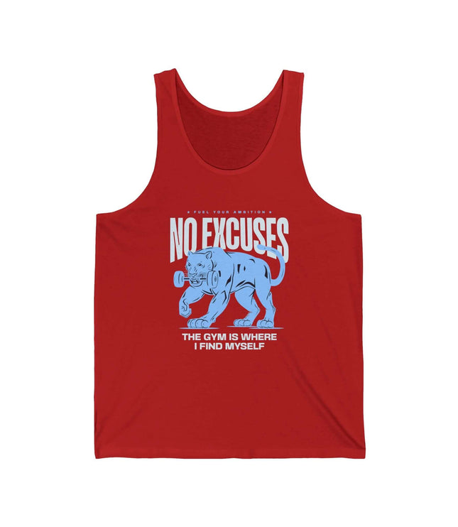 Red unisex No Excuses jersey tank top featuring gym motivation design, perfect for fitness enthusiasts.