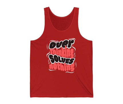 Over Thinking Solves Nothing jersey tank top in red with bold graphic quote design.