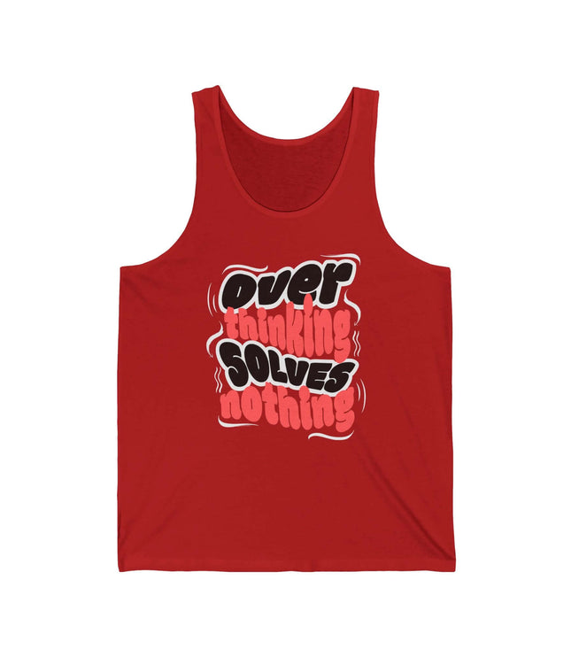 Over Thinking Solves Nothing jersey tank top in red with bold graphic quote design.