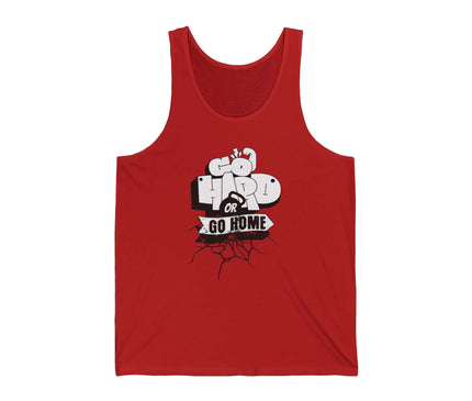 Red Go Hard Jersey Tank top featuring a bold graphic, ideal for gym and fitness enthusiasts, unisex fit.