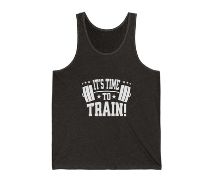 Unisex gym jersey tank top with 'It's Time To Train' graphic, perfect for fitness enthusiasts.