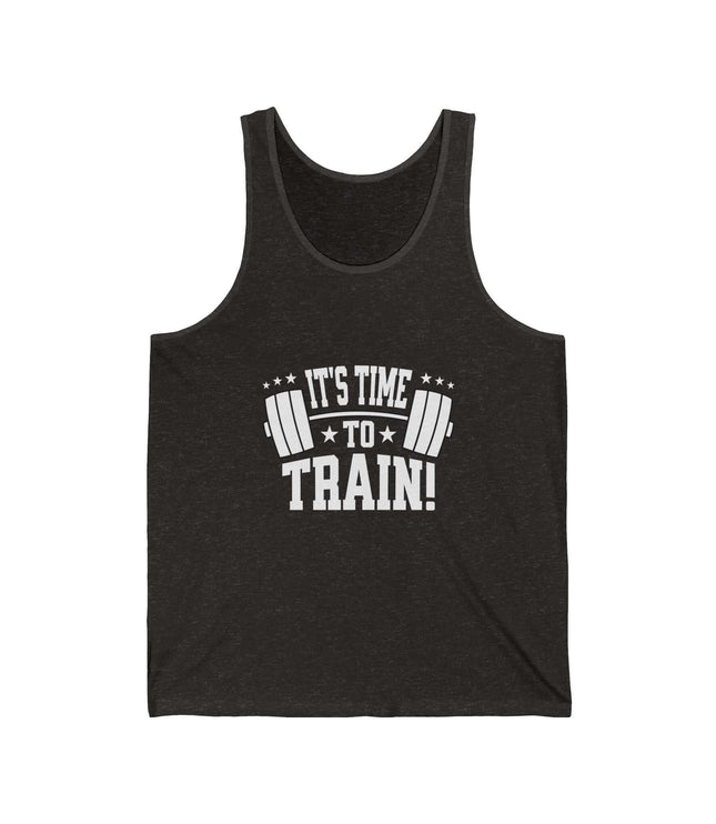 Unisex gym jersey tank top with 'It's Time To Train' graphic, perfect for fitness enthusiasts.