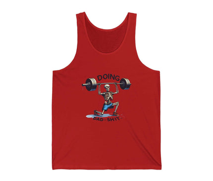 Funny dad jersey tank top featuring a skeleton lifting weights with the text 'Doing Dad Shit' in vibrant red.