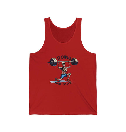 Funny dad jersey tank top featuring a skeleton lifting weights with the text 'Doing Dad Shit' in vibrant red.