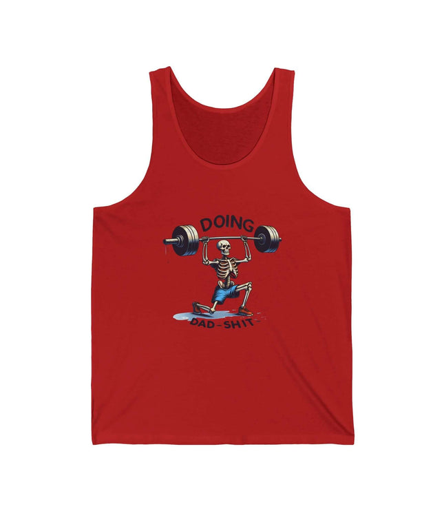 Funny dad jersey tank top featuring a skeleton lifting weights with the text 'Doing Dad Shit' in vibrant red.