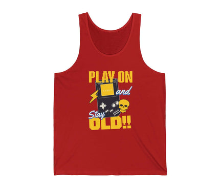 Play On Jersey Tank in red with design featuring gaming graphics and text 'Play On and Stay Old!'.