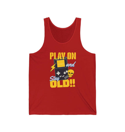 Play On Jersey Tank in red with design featuring gaming graphics and text 'Play On and Stay Old!'.