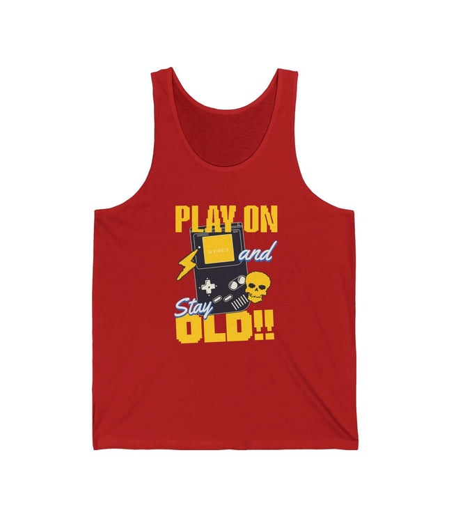 Play On Jersey Tank in red with design featuring gaming graphics and text 'Play On and Stay Old!'.