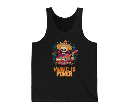 Black tank top featuring a colorful skeleton with a guitar and the text 'Music Is Power' promoting music and relaxation.