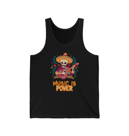 Black tank top featuring a colorful skeleton with a guitar and the text 'Music Is Power' promoting music and relaxation.