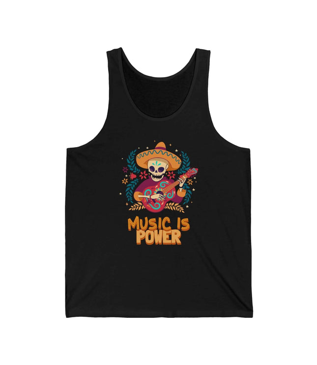 Black tank top featuring a colorful skeleton with a guitar and the text 'Music Is Power' promoting music and relaxation.