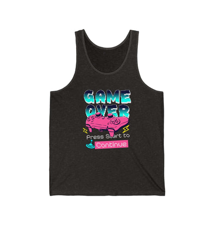 Game Over Jersey Tank for gamers and geeks, featuring vibrant graphics and a comfortable retail fit.