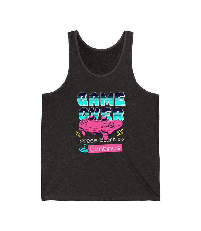 Game Over Jersey Tank for gamers and geeks, featuring vibrant graphics and a comfortable retail fit.