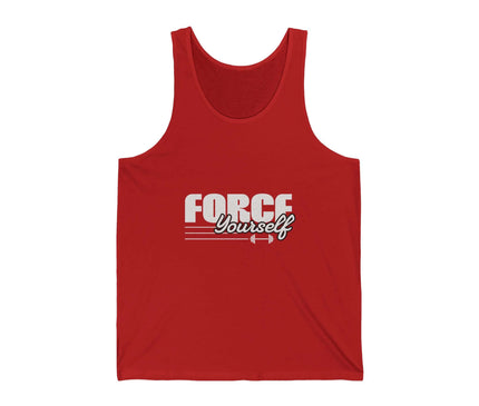 Red Force Yourself jersey tank top, perfect for gym and fitness activities, made from lightweight cotton fabric.