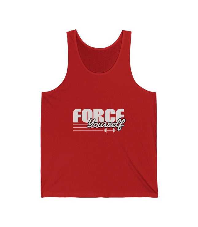 Red Force Yourself jersey tank top, perfect for gym and fitness activities, made from lightweight cotton fabric.