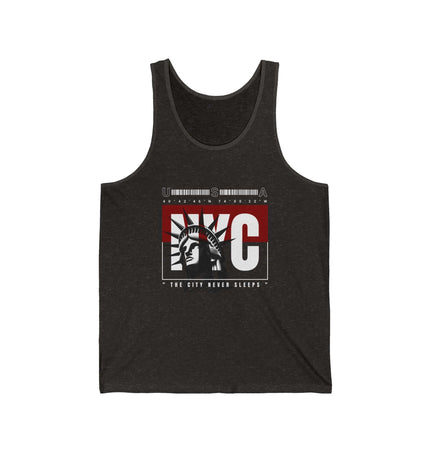 NYC jersey tank top featuring the Statue of Liberty design, unisex, lightweight cotton for a comfortable fit.