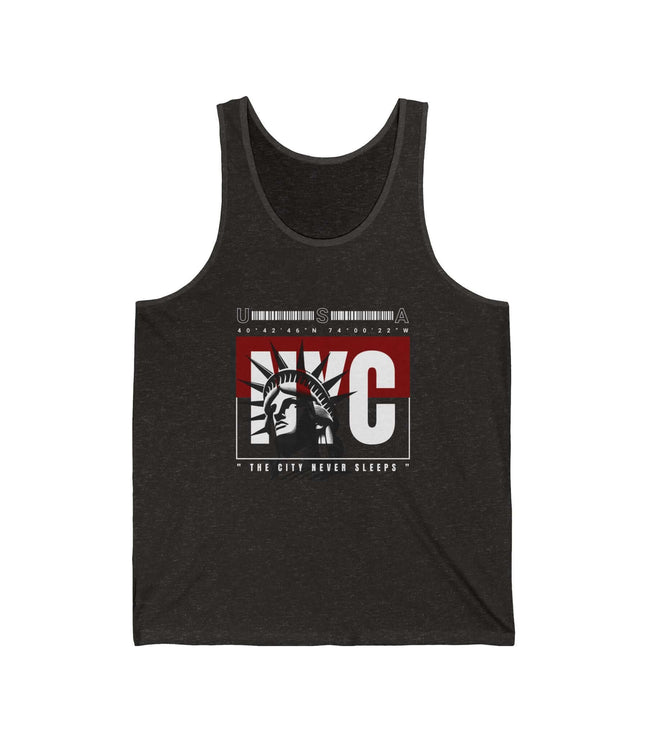 NYC jersey tank top featuring the Statue of Liberty design, unisex, lightweight cotton for a comfortable fit.