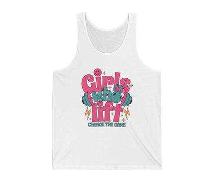 Girls Who Lift jersey tank top in white, perfect for gym workouts and fitness enthusiasts.